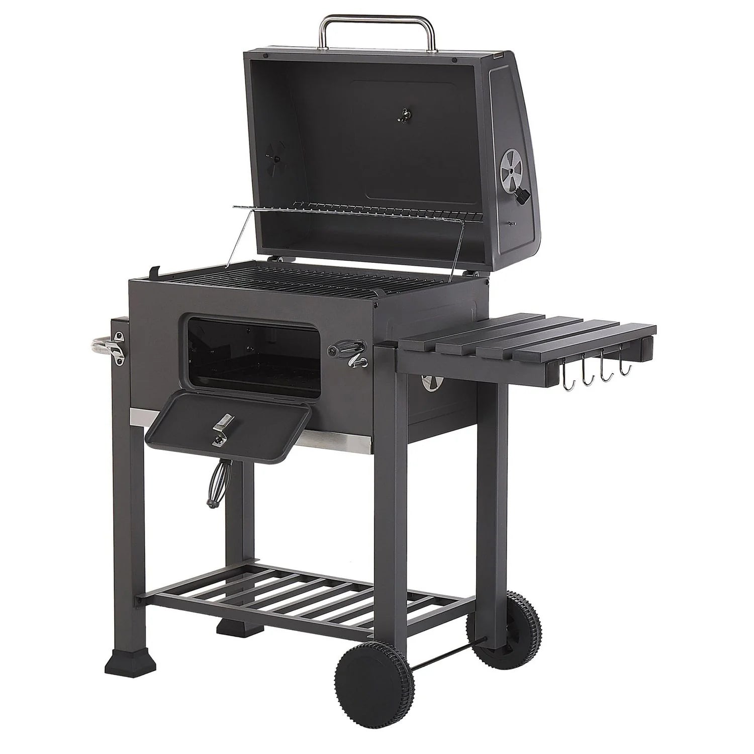 Barbacoa De Carbón Parrilla De Acero Gris Con Tapa Rejilla Ruedas 2 Estantes Termómetro Cenicero Extraíble Jardín Pavlof - Gris