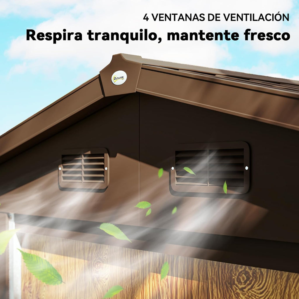 Outsunny Caseta de Jardín Exterior 3 m² 235,7x152x208,7 cm Cobertizo de Jardín Exterior Metálica con 2 Puertas Corredizas y 4 Ventanas para Almacenamiento de Herramientas Efecto Madera Natural y Café