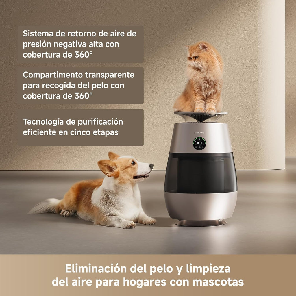 DREAME AP10 Purificador de Aire Para Hogares Con Mascotas, Sistema 360° Alta Presión Negativa, Purificación 5 Etapas Que Captura Pelo y Olores, Transparente, Tapa Curva, Luz Eco, Control Con App