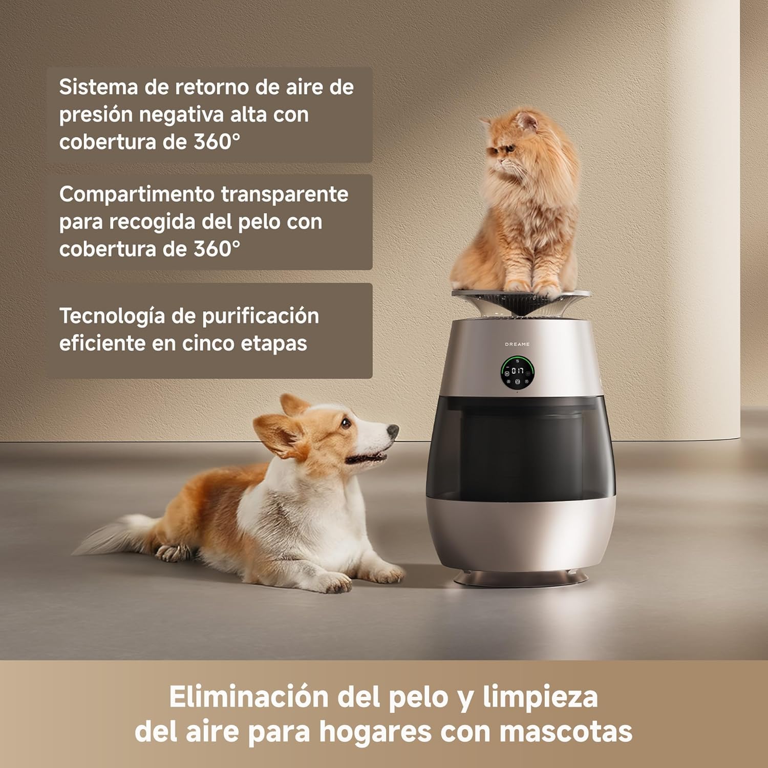 DREAME AP10 Purificador de Aire Para Hogares Con Mascotas, Sistema 360° Alta Presión Negativa, Purificación 5 Etapas Que Captura Pelo y Olores, Transparente, Tapa Curva, Luz Eco, Control Con App