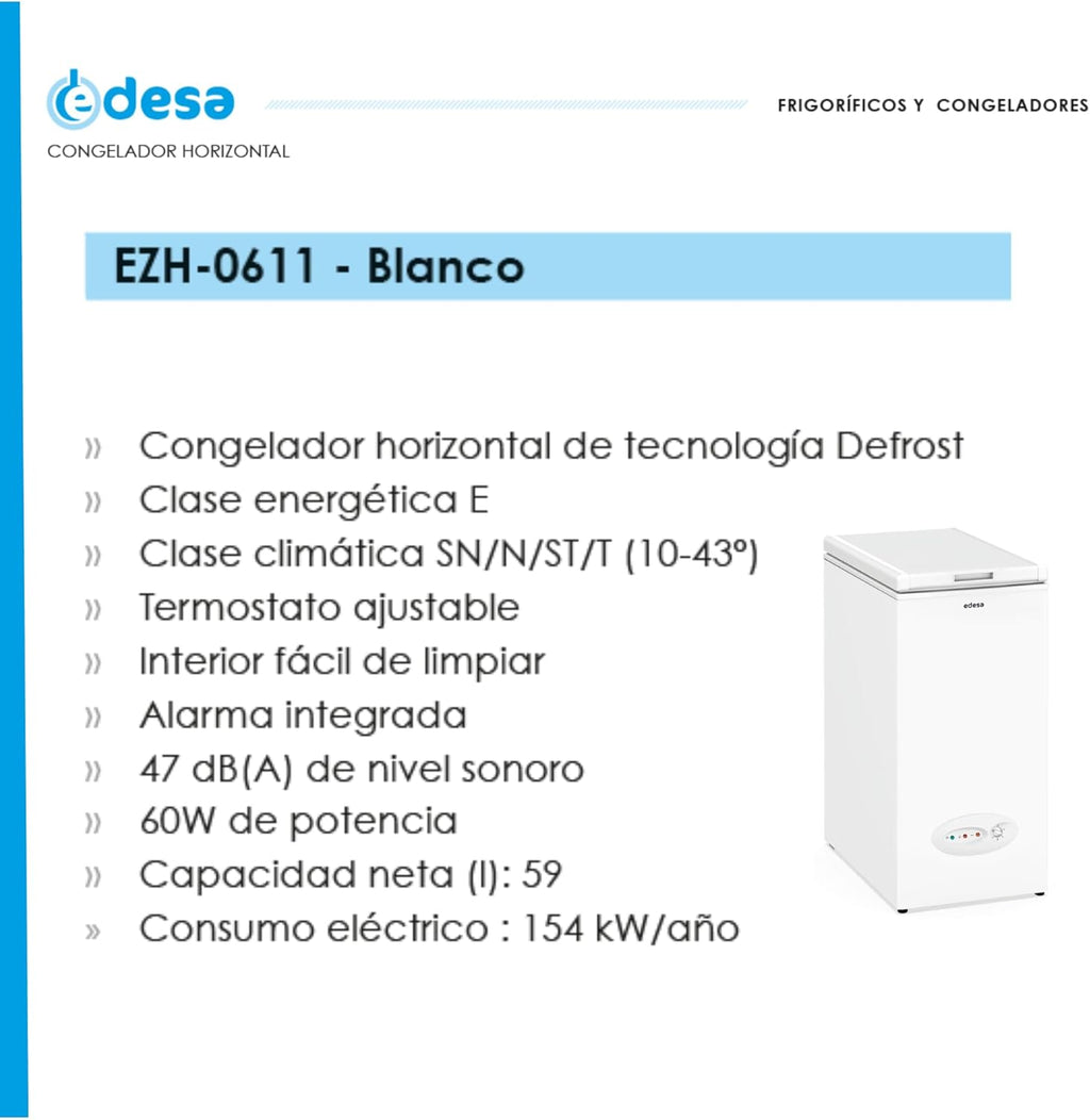 Edesa Congelador Horizontal EZH-0611, Altura 0.84 m, Termostato Ajustable, Fácil Limpieza, Alarma Integrada, Bajo Nivel Sonoro, Gran Capacidad 59 l, Potencia 60W, Color Blanco