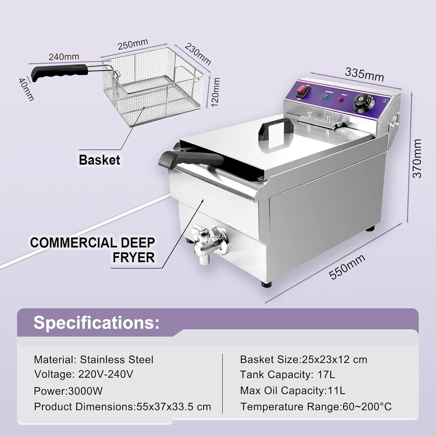 Freidora eléctrica Inox 16L Profesional Comercial, 3000W Acero Inoxidable Freidora con grifo