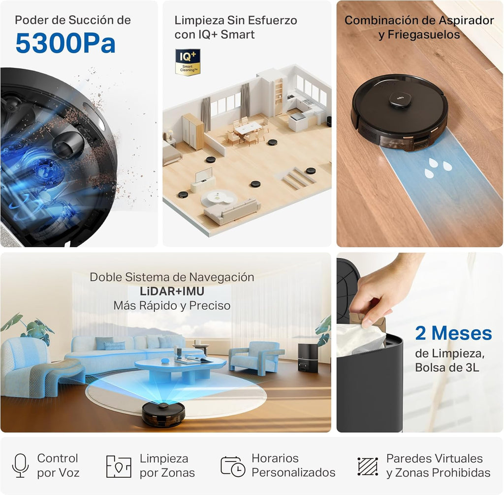Tapo RV30 MAX Plus Robot Aspiradora, Potencia de succión Ultra de 5300 Pa con fregado, Base de Autovaciado automático de 3 l, navegación LiDAR+IMU Avanzada, Control por Voz y aplicación,Negro