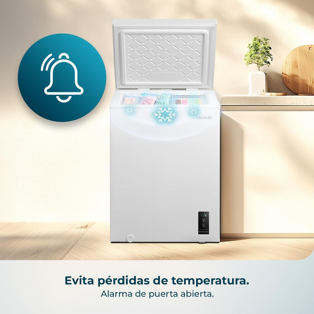 Cecotec Congelador Horizontal 143L Bolero CoolMarket Chest 143P White E. Cesta con Asas, Control Electrónico LED, UltraContact D-Cool, Dual Function, Puerta ZeroG (80º-30º), Fast Freezing, Compacto