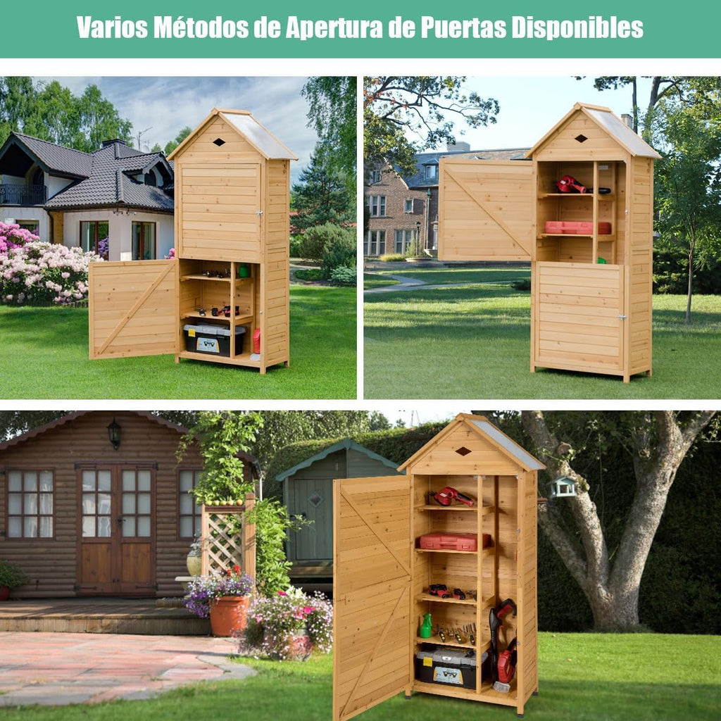 COSTWAY Caseta Jardin Exterior de Madera, Cobertizo Jardin Exterior con 5 Estantes y 2 Puertas con Cerradura, Armario para Herramientas con Techo Impermeable para Jardín Balcón Terraza (70x45x160cm)