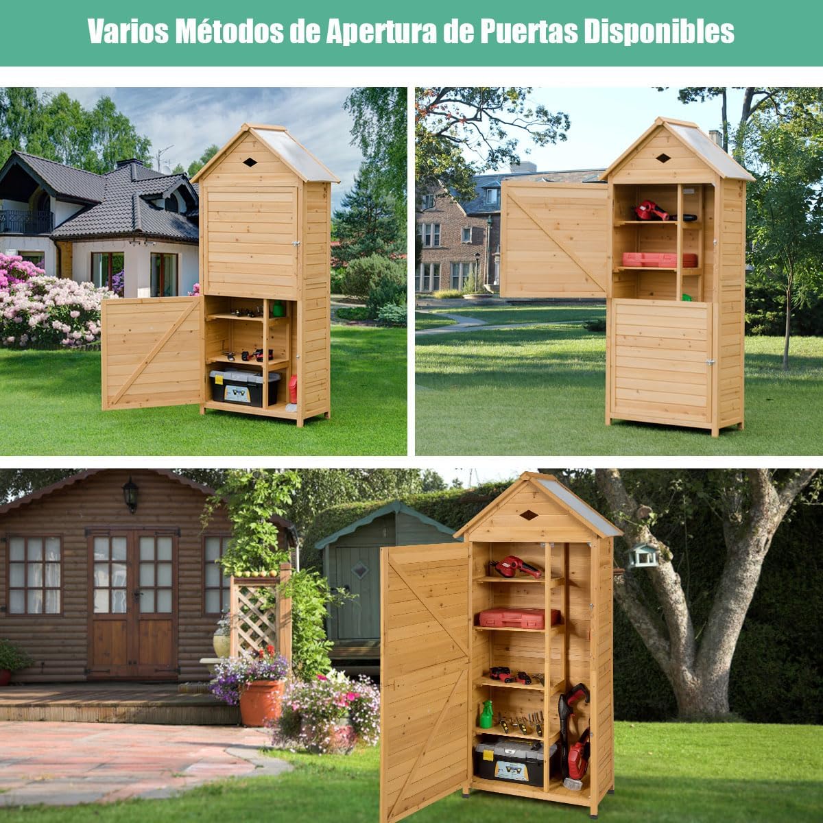 COSTWAY Caseta Jardin Exterior de Madera, Cobertizo Jardin Exterior con 5 Estantes y 2 Puertas con Cerradura, Armario para Herramientas con Techo Impermeable para Jardín Balcón Terraza (70x45x160cm)