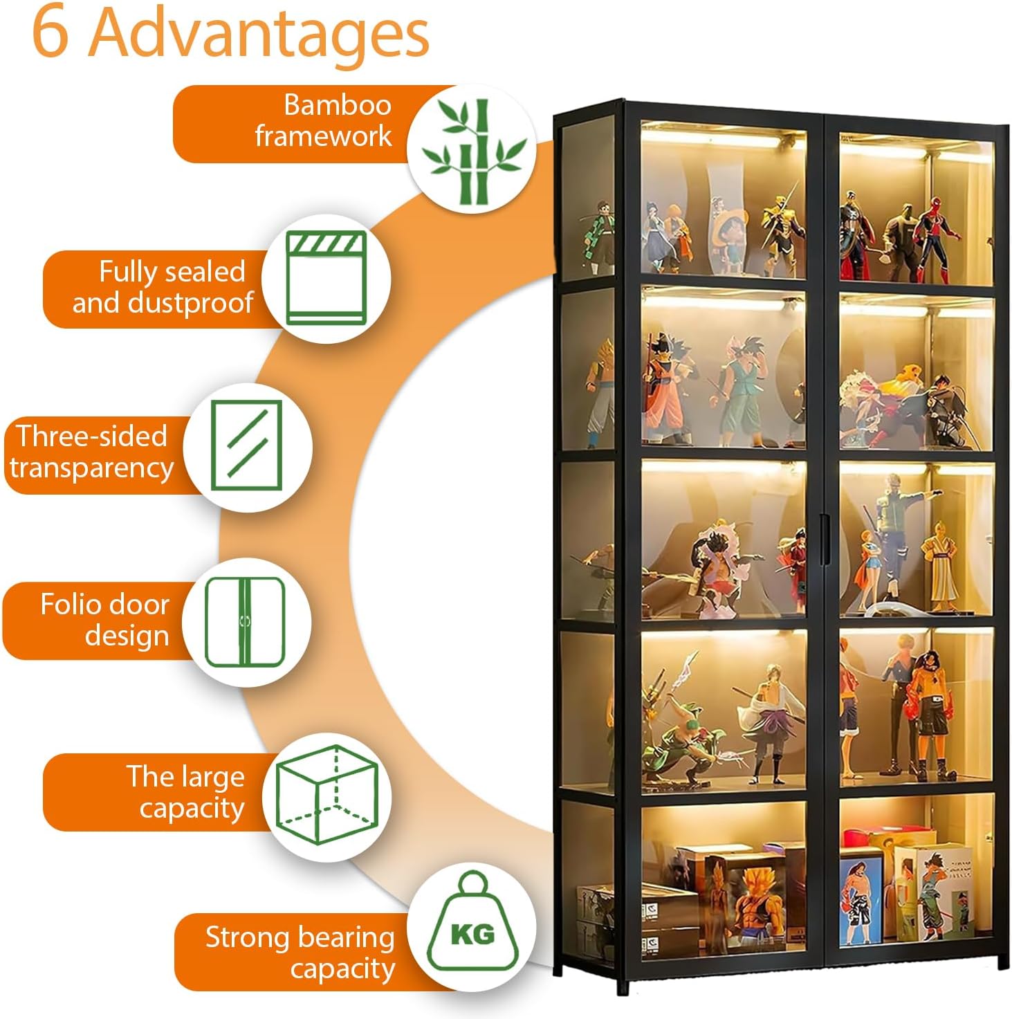 Vitrina Puerta de acrílico, Vitrina con 5 estantes, Organizador de Juguetes colección, estantería Dormitorio, rincón de Lectura, niños, bambú (Doble Apertura Negra)