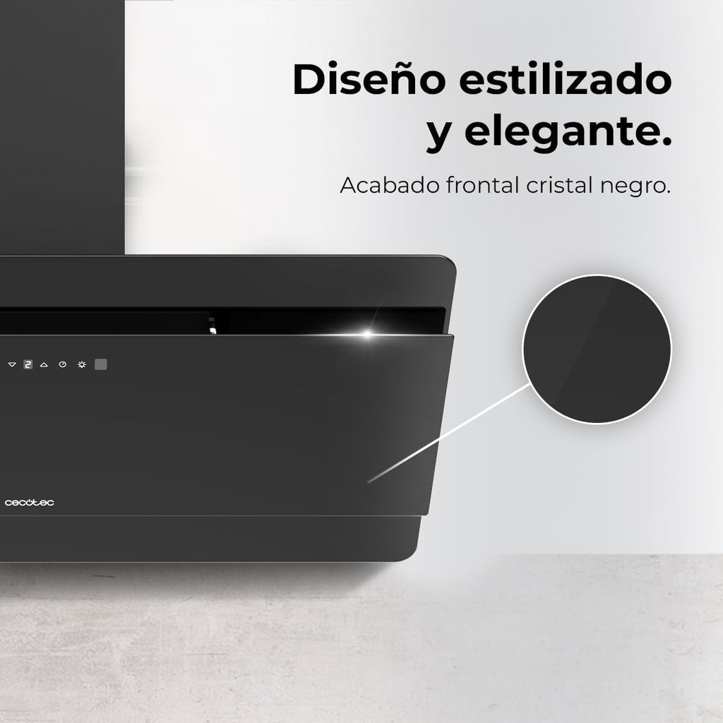 Cecotec Campana Decorativa 90 cm Flux Dt 908000 Glass Black A++. Vidrio Negro, 800M3/H de Potencia, Motor 210W, A++, Control Táctil, 3 Niveles + Booster, Hand Movement Control