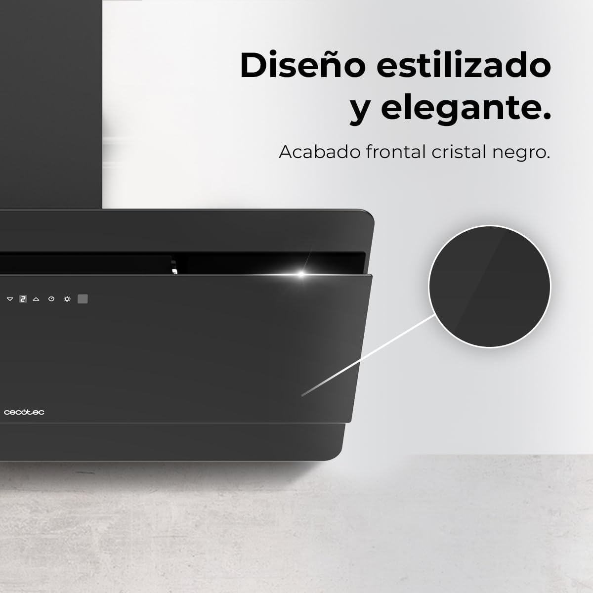 Cecotec Campana Decorativa 90 cm Flux Dt 908000 Glass Black A++. Vidrio Negro, 800M3/H de Potencia, Motor 210W, A++, Control Táctil, 3 Niveles + Booster, Hand Movement Control