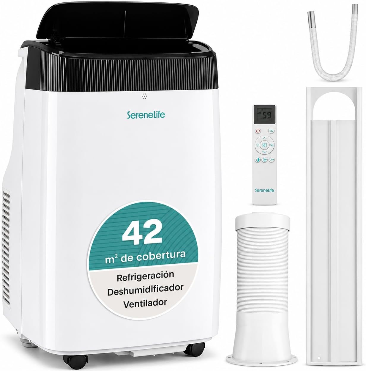 SereneLife Mobilny klimatyzator 3 w 1 z wężem wylotowym – chłodnica powietrza, osuszacz powietrza i wentylator, 9000 BTU, wilgotność 1,5 l na godzinę, chłodzi pomieszczenia do 42 m²