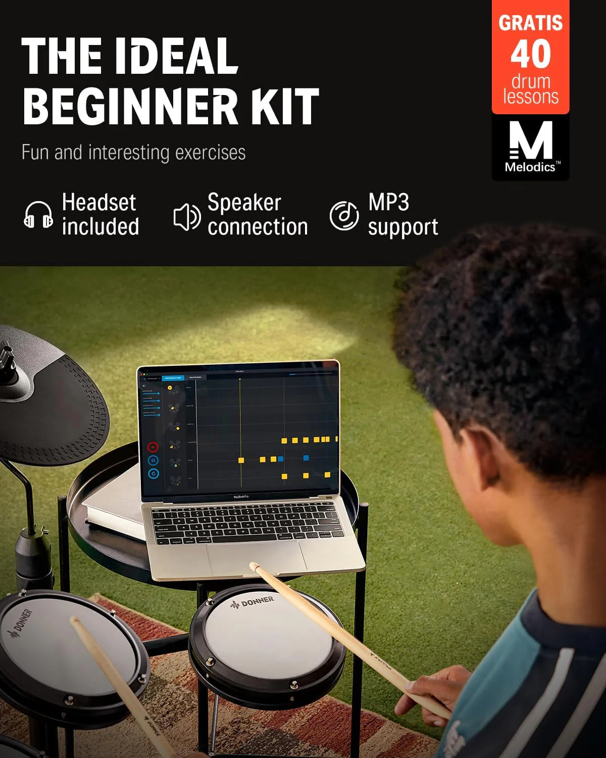 Donner DED-80 7-Piece Musical Electronic Drum Set with Mesh Patches, 180 Sounds, Drum Throne, Headphone, Sticks, Kids Christmas Birthday Gift, 40 Melodics Lessons