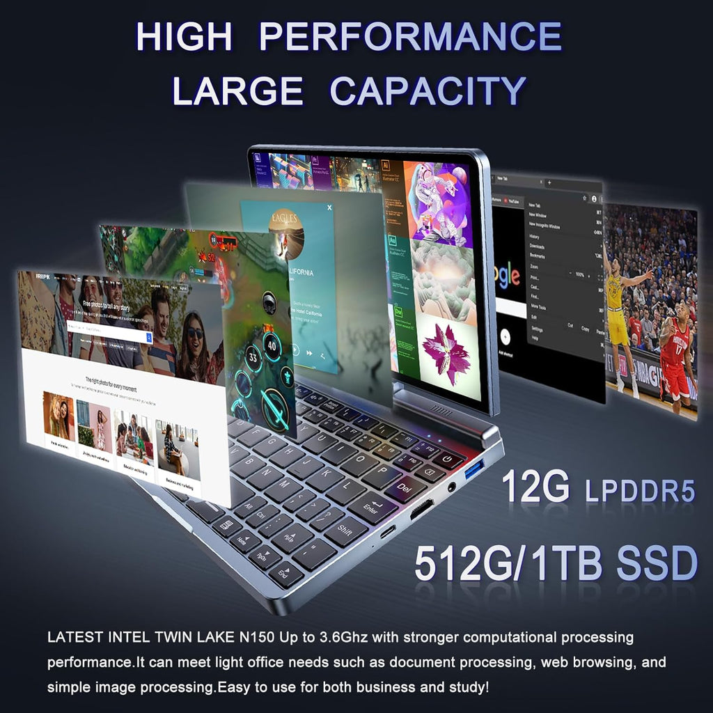 Mini Portátil 8" 2 en 1, Ordenador Portátil Win 11, N150 (hasta 3.6 GHz), 12 GB RAM 1 TB SSD, Pantalla Táctil HD, Teclado Retroiluminado, Wi-Fi 6, USB-C, PC Ligero y Portátil para