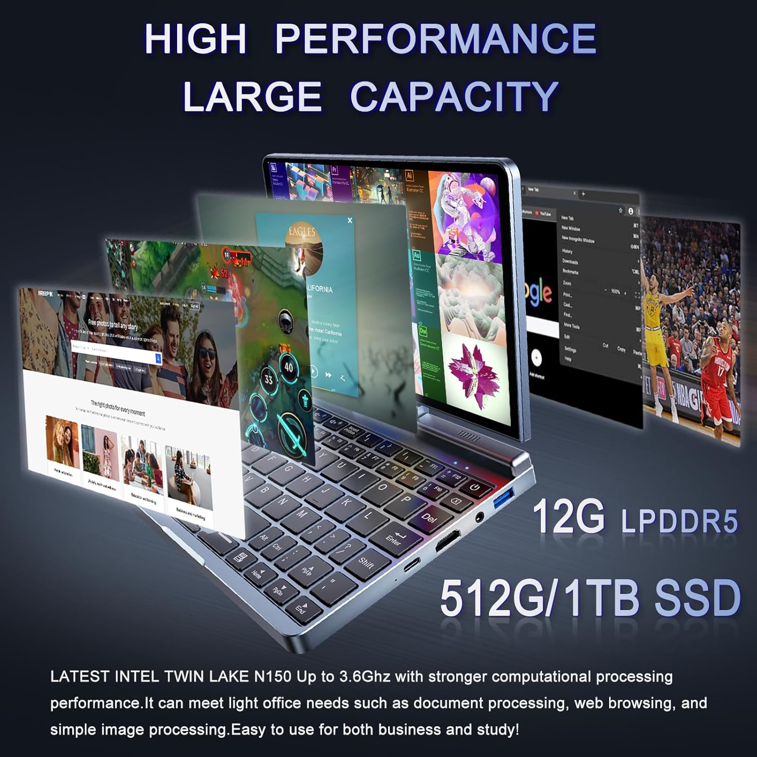 Mini Portátil 8" 2 en 1, Ordenador Portátil Win 11, N150 (hasta 3.6 GHz), 12 GB RAM 1 TB SSD, Pantalla Táctil HD, Teclado Retroiluminado, Wi-Fi 6, USB-C, PC Ligero y Portátil para