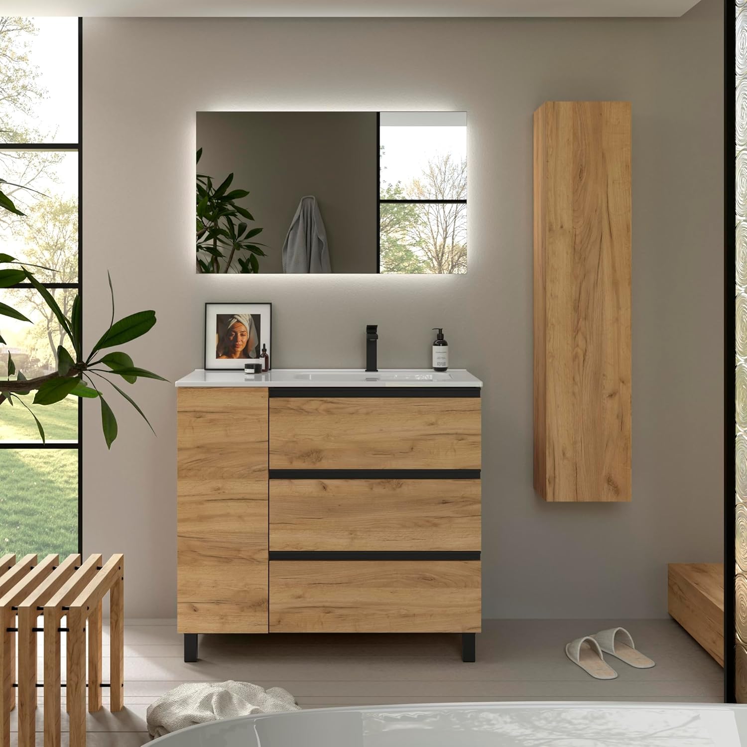 Mueble de Baño BEQUIA Plus Metal 3C 90cm Roble | Lavabo Porcelana Grifo Derecha