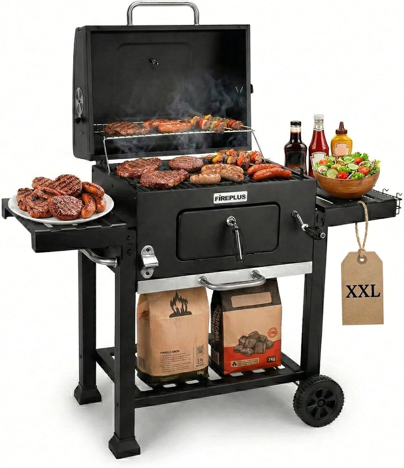 Amig - Fireplus Charcoal BBQ XXL - Steel Grill 57x42cm - With Wheels and Side Trays - Large Transportable Rotisserie - Ash Tank - 131x116.5x56cm