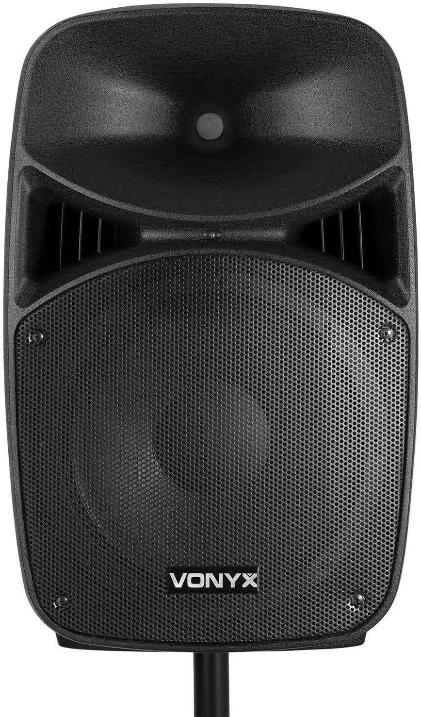 Vonyx VPS152A Powered Speakers Pack of 2 1000W Portable Active/Passive Bluetooth Speakers, 15 Inch, Wired Microphone, Remote Control, Tripods, MP3 Player with USB/SD, LEDs
