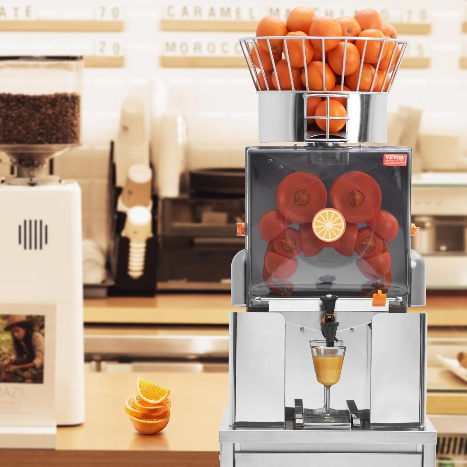 VEVOR Exprimidor de Cítricos Eléctrico 120 W Extractor de Zumo de Naranja Comercial Automático con Filtro Extraíble Cubo de Recolección de Cáscaras y Grifo para Restaurantes, Cafeterías, Fruterías