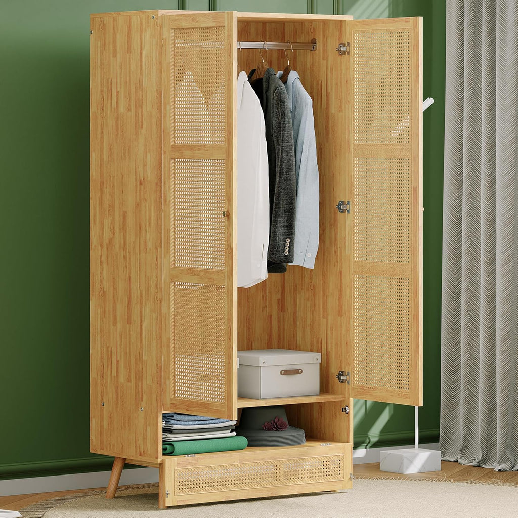 Soweiz Armario con barra, armario de 2 puertas, dormitorio, red de ratán, sala de estar, con tapa inferior abatible, tableros de partículas+ratán de polietileno, natural
