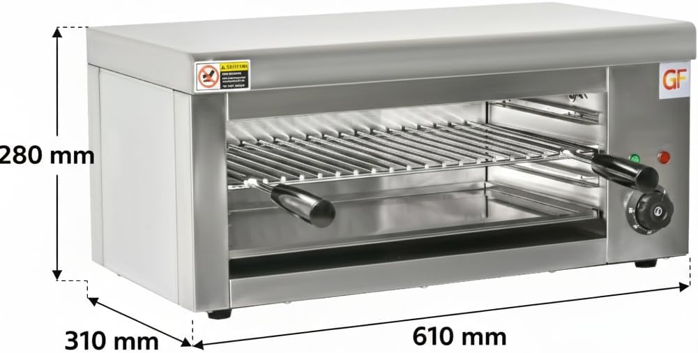 Salamandra Profesional Eléctrica 2000 W – Acero Inoxidable 18/10 – Temporizador 30 min – 50-300 °C – Uso Industrial Hostelería