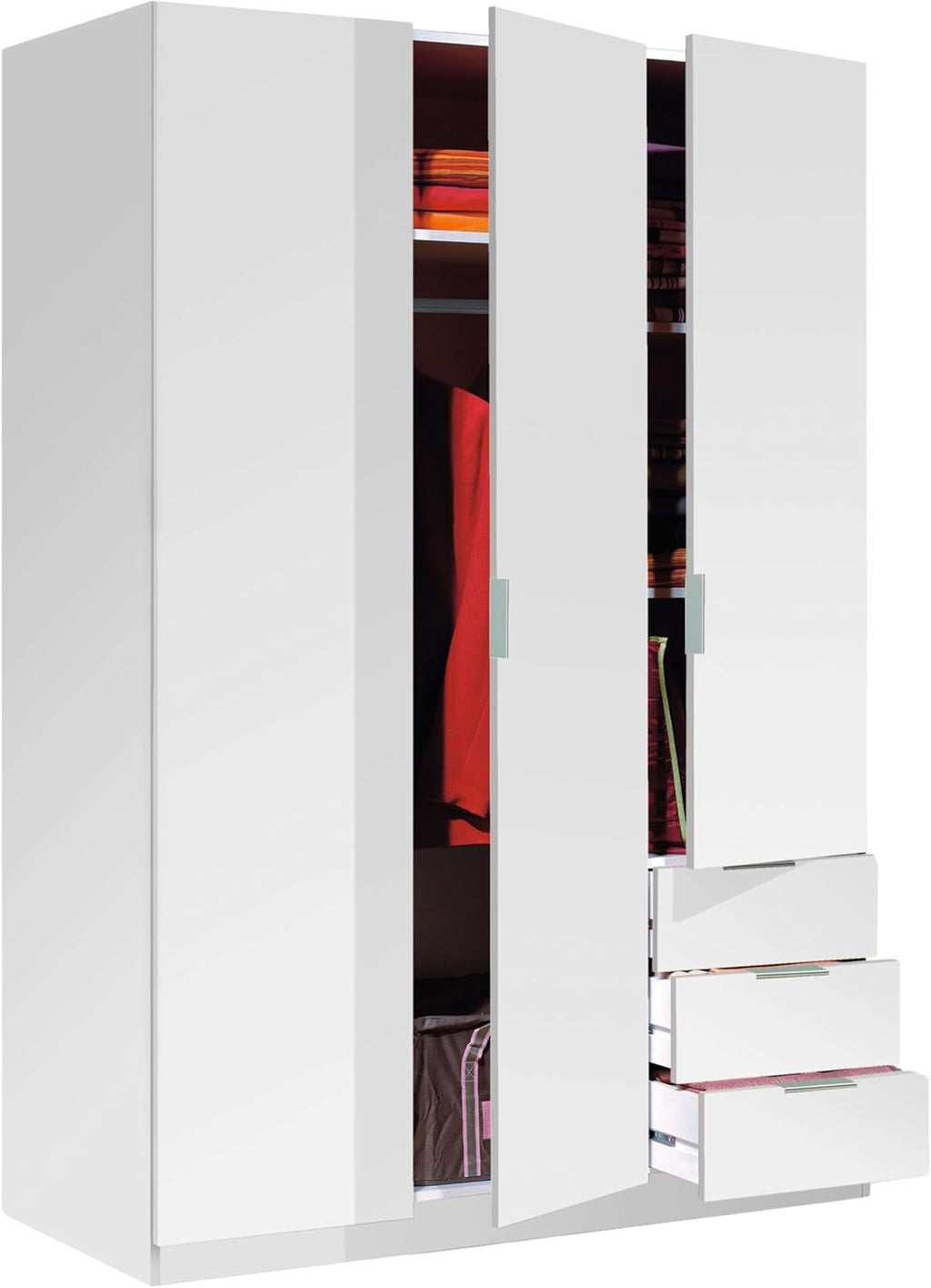 Habitdesign Three Door and Three Drawer Wardrobe Closet, Artic White Finish, Measurements: 121 cm (W) x 180 cm (H) x 52 cm (D)