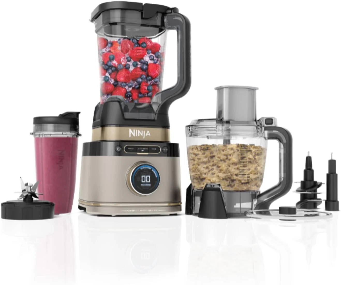 Ninja Detect Power Pro 3-in-1 Food Processor Blender (1200W), 3 x 700 ml Cups and Dough Blade, Ideal for Mixing, Chopping and Beating, Gold Stone, TB401EUSTGD