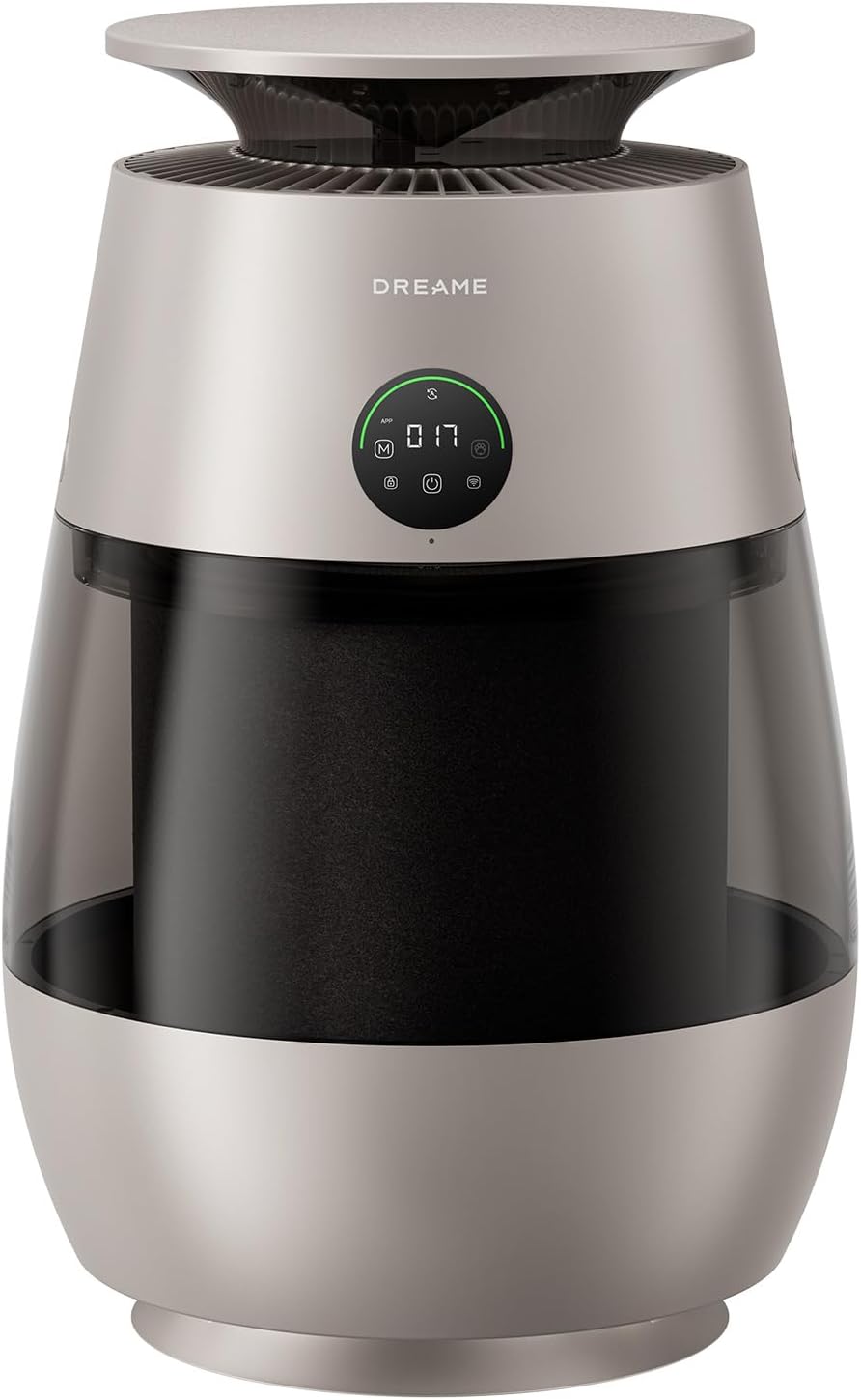 DREAME AP10 Purificador de Aire Para Hogares Con Mascotas, Sistema 360° Alta Presión Negativa, Purificación 5 Etapas Que Captura Pelo y Olores, Transparente, Tapa Curva, Luz Eco, Control Con App