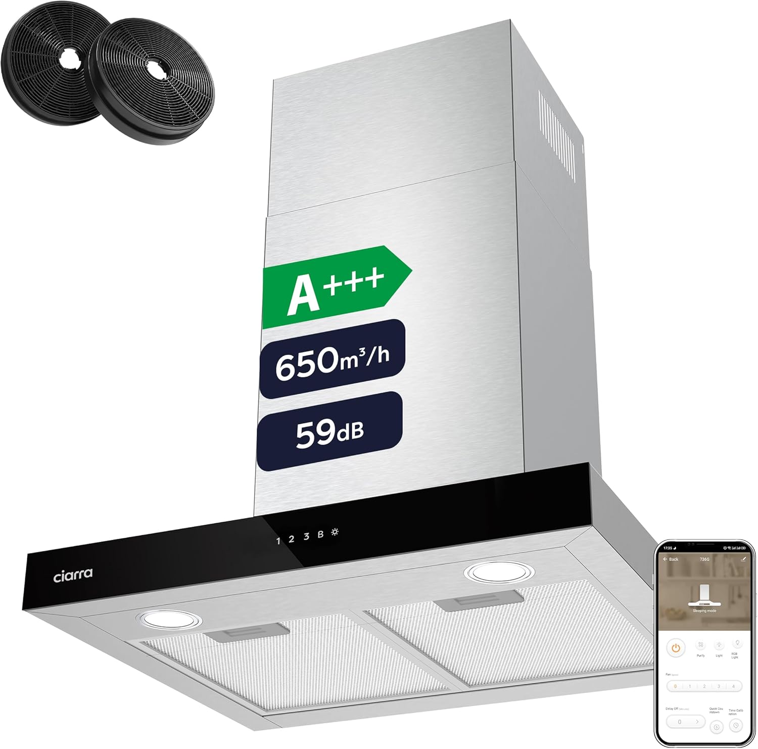 Ciarra CBCS6102 Campanas Extractora 60cm 650 m³/h - Control Táctil y Wifi - 4 Velocidades - Evacuación al Exterior y Recirculación Interna por Filtro de Carbón CBCF003 - Acero Inoxidable
