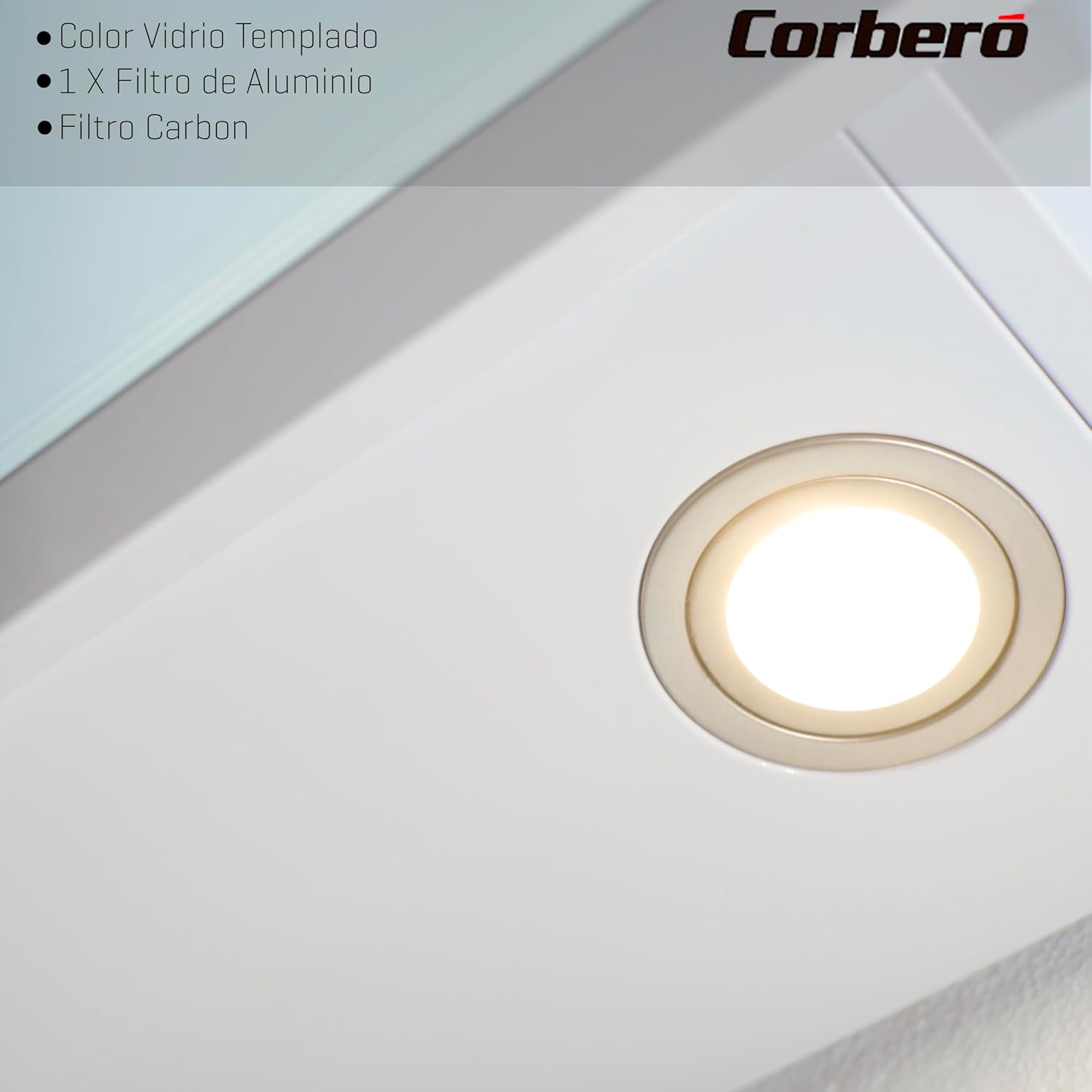 Corberó - Campana Extractora 90 cm | VICTORIA960W | 594,2 m3/h| 67db| 165W, |3 Velocidades, | Control Touch |Vidrio Templado | Filtro de Aluminio + Filtro Carbón | Cristal Blanco