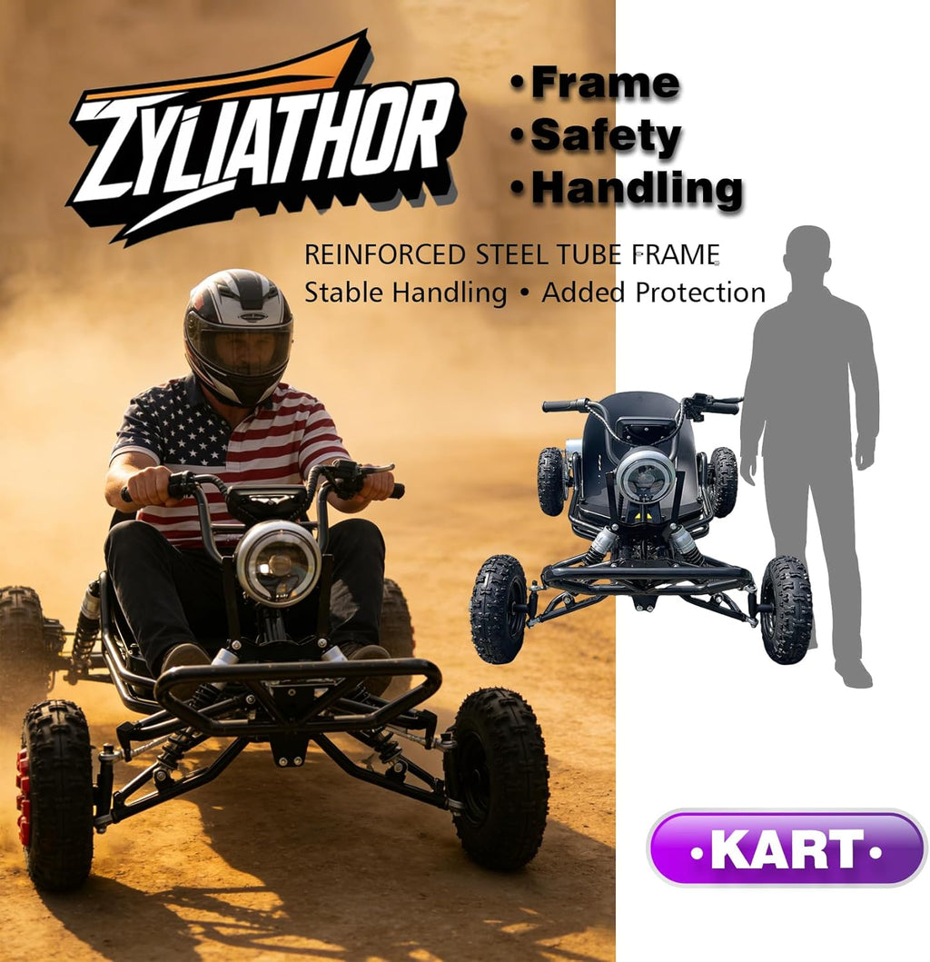 Kart Eléctrico 48V para Adultos y Niños - Motor 2000W (12-37 mph), Llantas Todo Terreno 6'', Batería 10.4Ah (Autonomía 12+ Millas), Capacidad 200 kg, 3 Modos de Velocidad, Luces LED