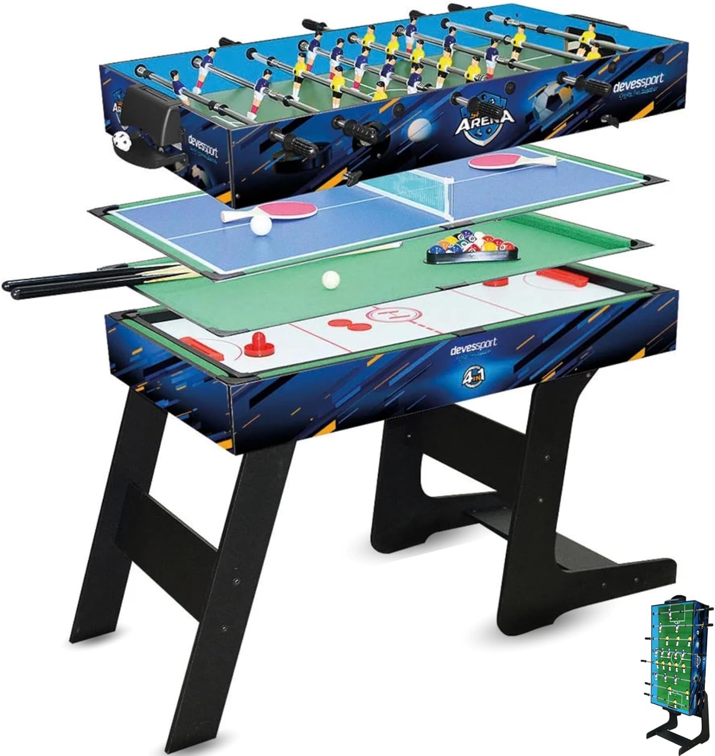 DEVESSPORT Multijuego Plegable 4 en 1 Sport Arena | Futbolín, Billar, Air Hockey y Ping Pong | Mesa de Juegos Multijuegos Plegable con Accesorios Incluidos