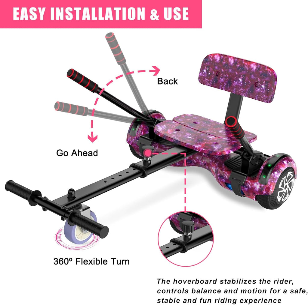 Hoverboard con asiento, tabla flotante autoequilibrada de 6,5" con altavoces Bluetooth y luces LED para niños y adultos