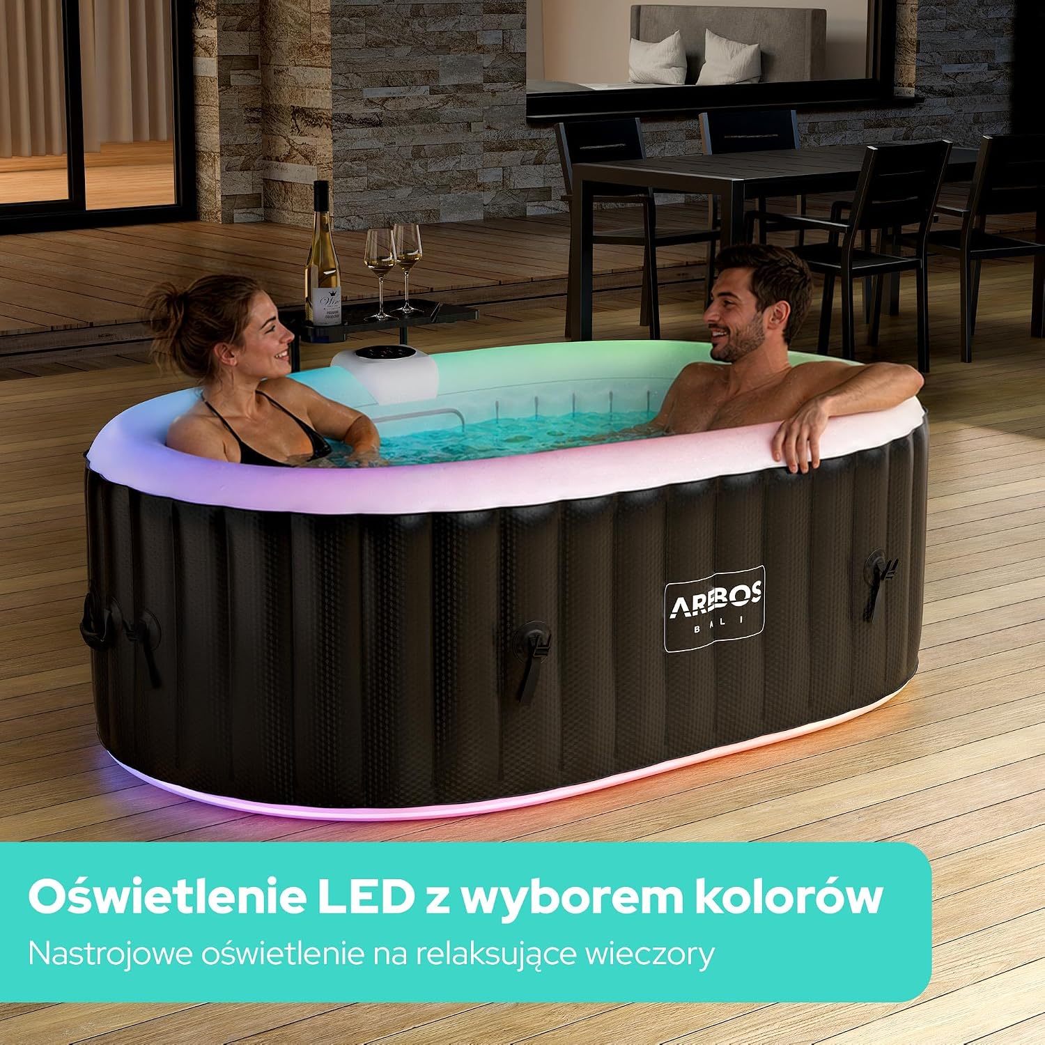 Arebos Nadmuchiwane spa z oświetleniem LED | Nadmuchiwane | Wnętrze i na zewnątrz | 190x120 cm Owal | 2 osoby | 90 dysz masujących | z ogrzewaniem | 550 litrów | Okładka w zestawie | Bąbelkowe Spa