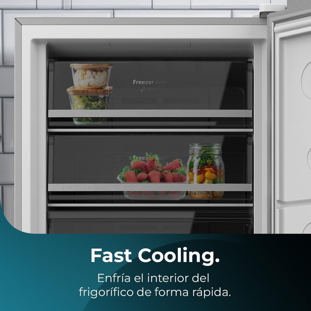 Cecotec Congelador Vertical de 380L Bolero CoolMarket UF 380 inox D. 1950W, Motor Inverter Plus, Bajo Consumo, Total No Frost, Display door, Convertible a frigorífico, Multi Airflow