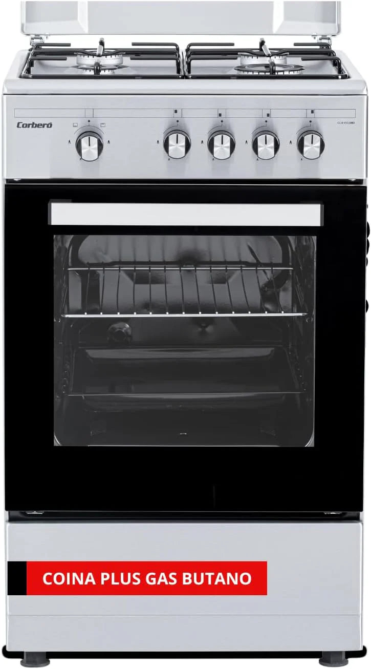 Corberó – Kitchen Plus | 50 cm | CCSF45020BW | 4 Burner Butane Gas | Oven 43L | Metal Lid | Double Glass Door | Tray and Grill Chrome | Automatic Safety Shut-off | White