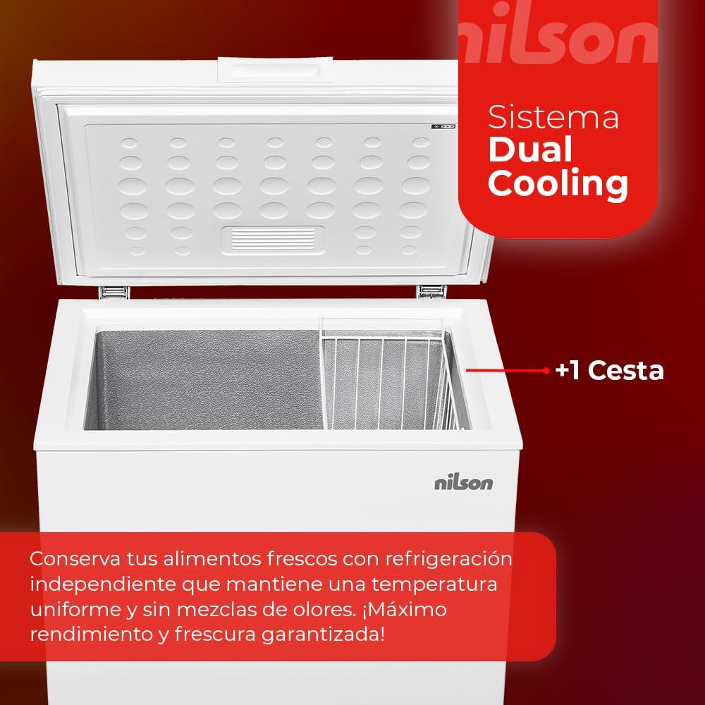 Nilson Congelador Horizontal Blanco NCH1500EDC. Capacidad 142 Litros, Dual Cooling, 4 Star, Modo Super Congelación, Tecnología Cíclica, Puerta Abatible, 1 Cesta, Bajo nivel Sonoro