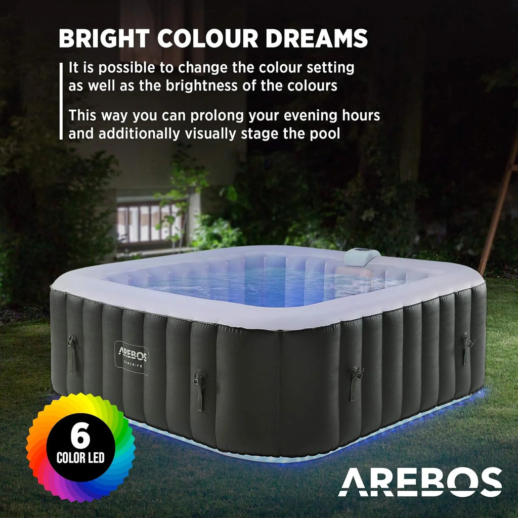 Arebos Whirlpool Inflatable Spa | Hot Tub | 185 x 185 cm | for 6 People | LED Luminous Band | 130 Massage Jets | 910 Litres | Includes Cover | Bubble Massage and Wellness
