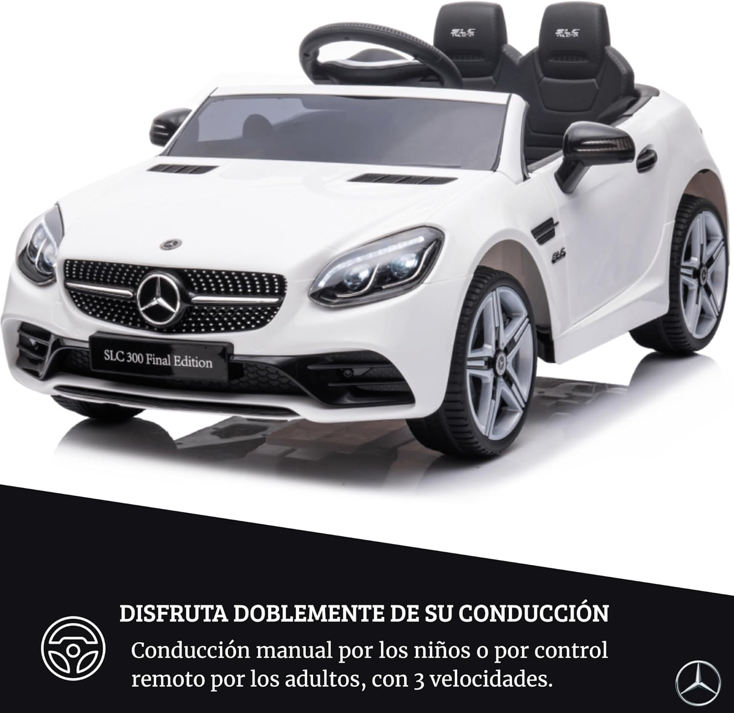 DEVESSPORT Coche Eléctrico Infantil Mercedes SLC 300 12V | con Mando, Faros LED, Música, USB y Apertura de Puertas – para Niños de 3 a 6 Años (Blanco)