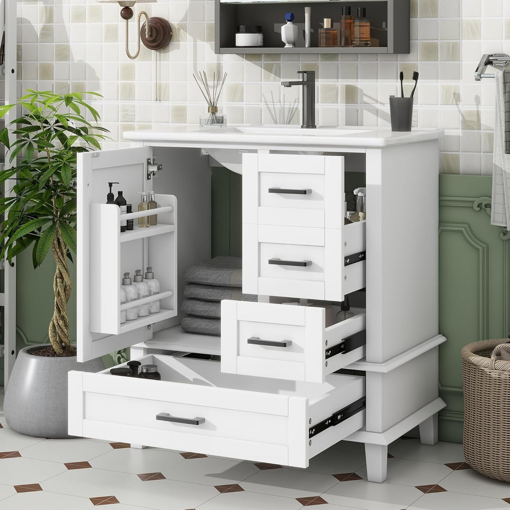 Moimhear Mueble de baño de pie, lavabo, lacado completo, tres cajones silenciosos, lavabo de cerámica integrado (blanco, 76 x 46 x 83,5 cm)