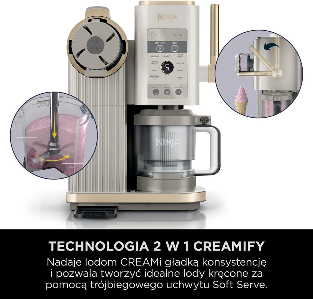 Ninja CREAMi Scoop and Swirl Maszyna do lodów z 2 pojemnikami, 13 funkcji, przygotowuje lody, lody włoskie, gelato, koktajle mleczne i inne desery, opcja dodatków, kamienne złoto, NC701EUSTGD