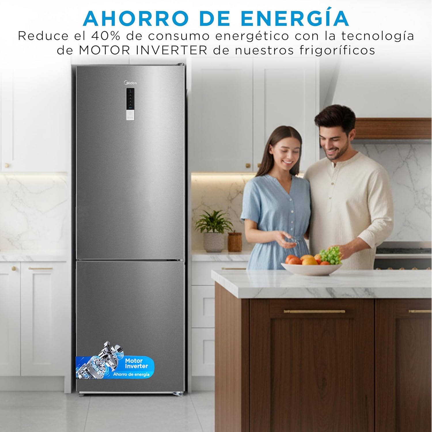 Midea Frigorífico Combi No Frost | 60 cm ancho x 188 alto cm | Inox | Nevera libre instalación 224 L + 86 L Congelador - Refrigerador de bajo consumo con congelador vertical
