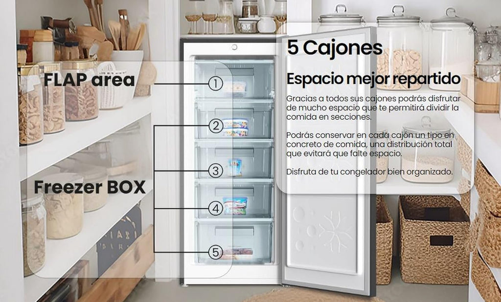 INFINITON Congelador Vertical CV-140L25XEQ, 145 Litros, E, Función Fast Freezing, Congelador 4****, cajón Flap, Tirador integrado, Puerta reversible, Inox