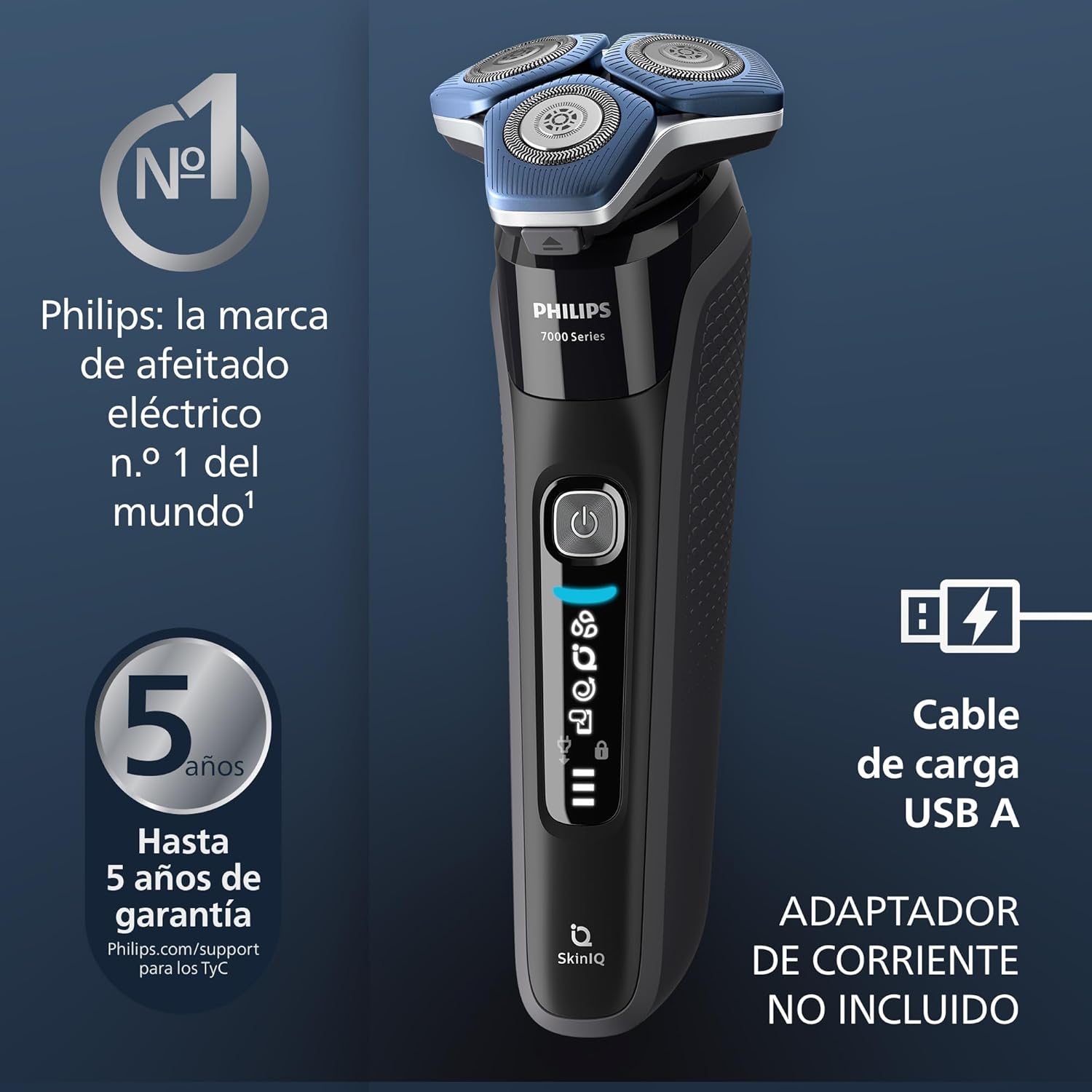 Serie 7000 Afeitadora Eléctrica Hombre, Máquina de Afeitar Barba con Recortadora, 45 cuchillas, 60min de uso, En Seco y Húmedo, Recargable, Centro de Limpieza, Base Carga, S7886/55, Negro