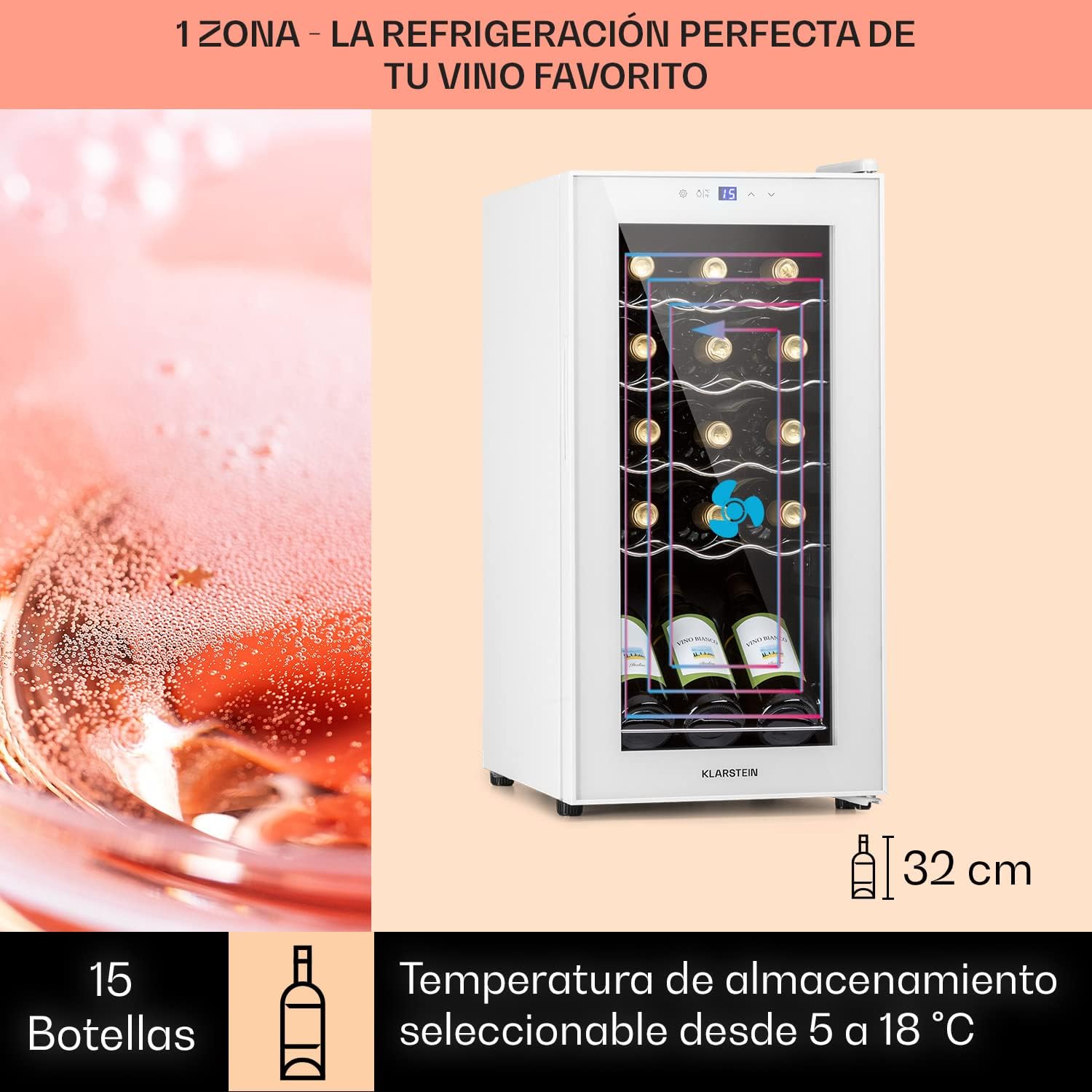 KLARSTEIN Vinoteca para Vinos de 44L Nevera Vino Una Zona, Botellas Vino, Proseco y Cervezas, Vinoteca Pequeña Puerta Cristal para Interior y Exterior, Nevera para Vinos Capacidad 15 Botellas