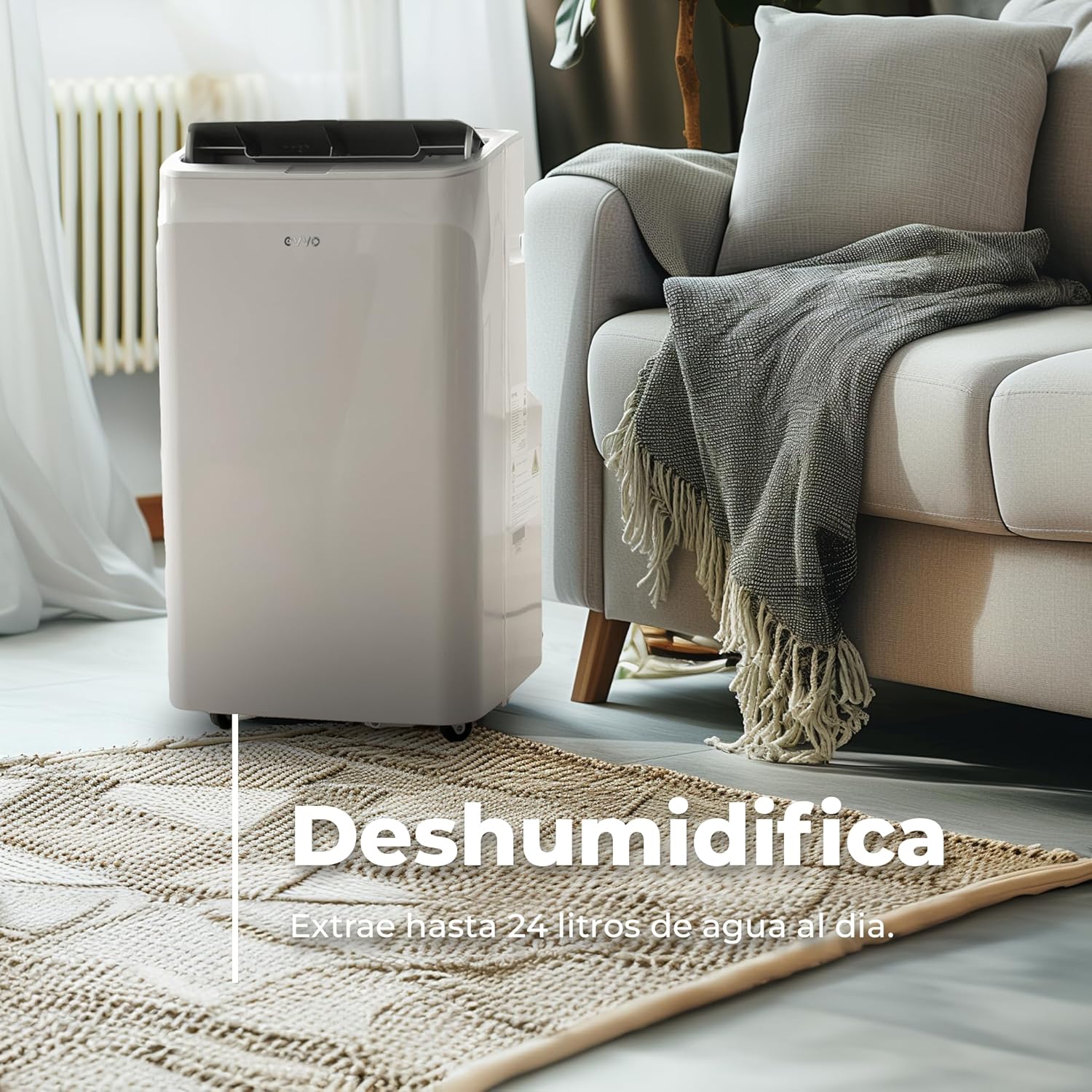 EVVO Aire Acondicionado Portatil Frío y Calor, Clase A, 12.000 BTU, Control Remoto y Temporizador 24h, 4 en 1, Deshumidificador, Ventilación, Hasta 26 m2. (Modelo: CLIMA P12 Frio y Calor)