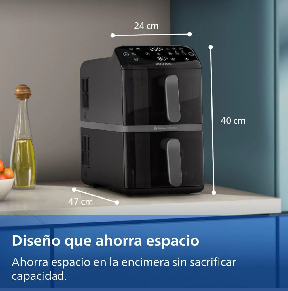 Philips Airfryer Series 4000 Double Vertical Basket 10L – RapidAir Technology, Sync, 2 Baskets at Once, 45% Less Space, PFAS Free Ceramic Coating, Viewing Windows (NA460/00)