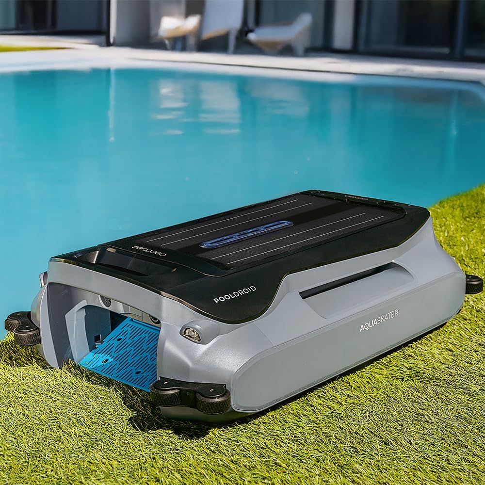 Cecotec Robot Limpiapiscinas para Superficie y Línea de Flotación Conga Pooldroid AquaSkater. Carga Solar, Autonomía 16h, Cesta de 4,5L y un Filtro de 187,5μm, Navegación Sensores Ultrasónicos