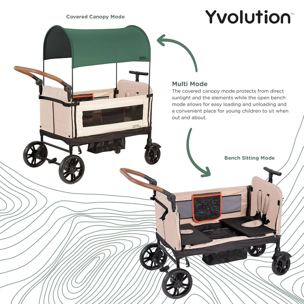 Yvolution Easy Folding and Storage Wagon with Awning - Folding Wagon for Kids, Cargo and Garden, Side Opening Cart for 2 Kids, Adjustable Push and Pull Handle, Front Door with