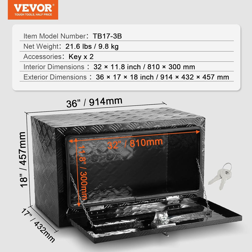 VEVOR Caja de Herramientas para Camión 914x432x457mm Caja de Bastidor Inferior Caja de Almacenamiento de Aleación de Aluminio Montaje Inferior con Cerradura y Llaves para Remolques, Camionetas, Negro