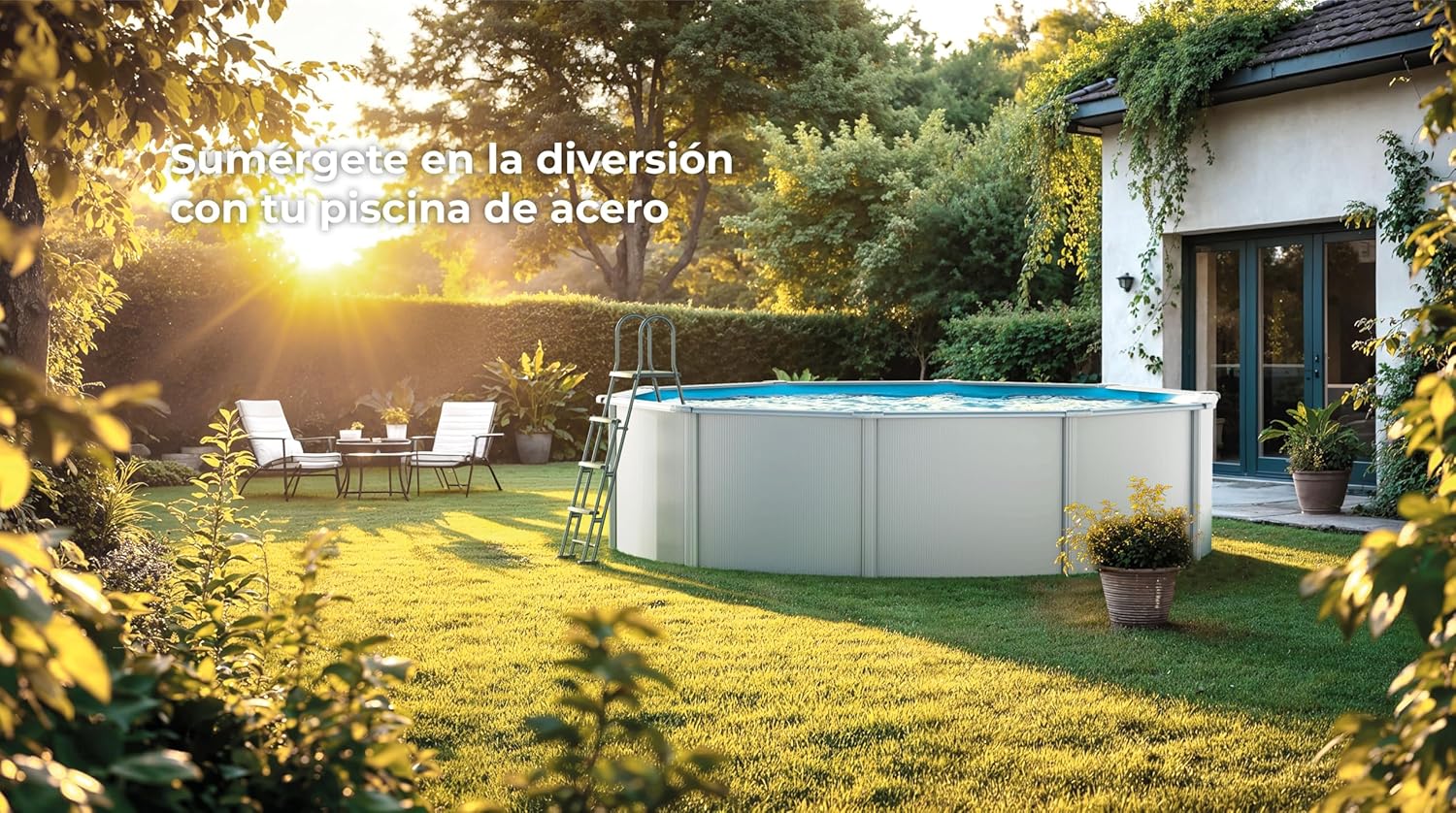 Piscina de Acero Elevada,Redonda con Aspecto Acero Blanco. Piscinas Desmontables para Jardín 350 x 120 cm - Piscina Gre KIT350ECO Fidji.