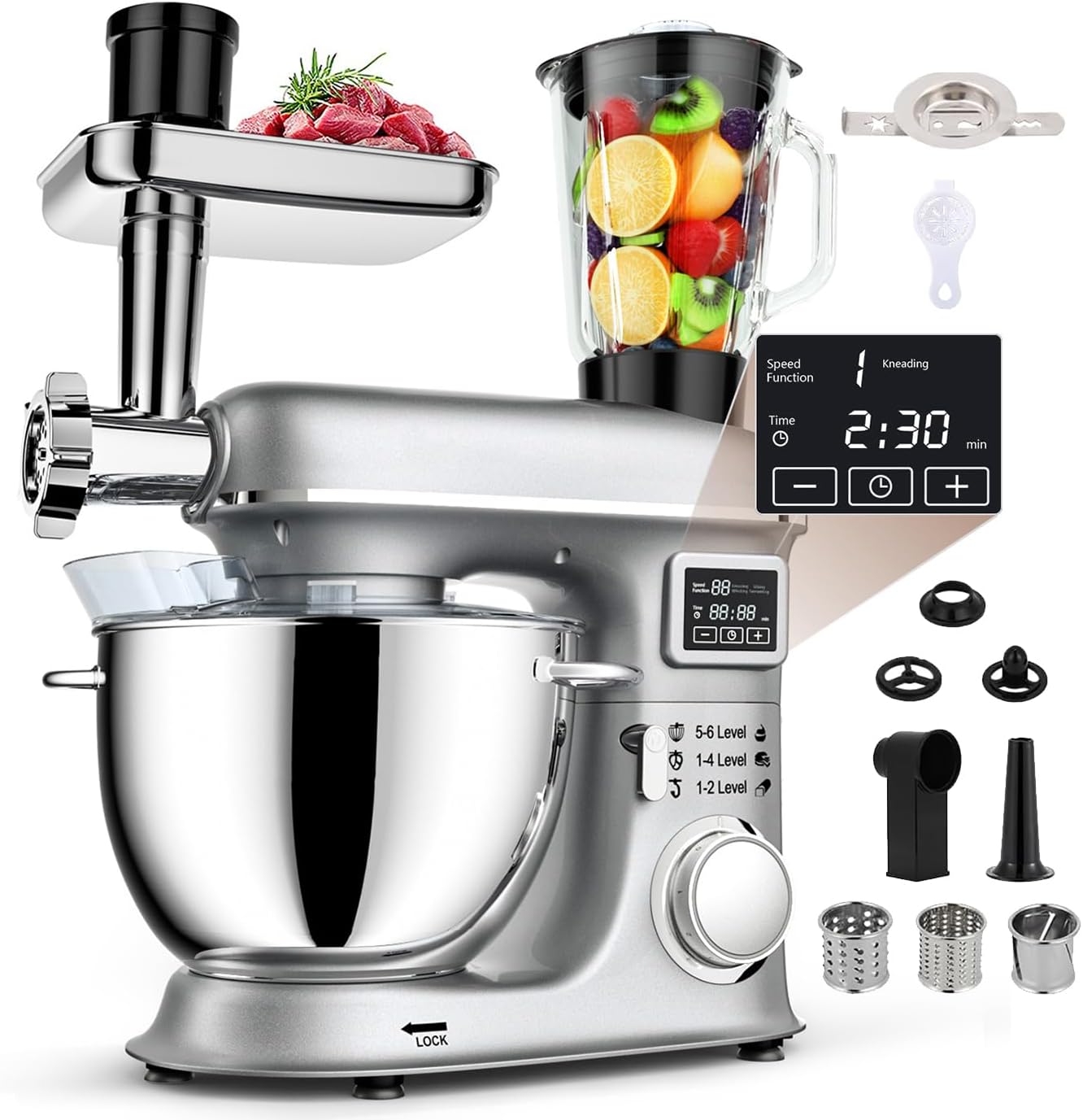 Batidora de pie de 8 l - Batidora eléctrica de cocina con pantalla LED, 6 velocidades, cabezal inclinable, recipiente de acero inoxidable, incluye picadora de carne, gancho para masa, batido